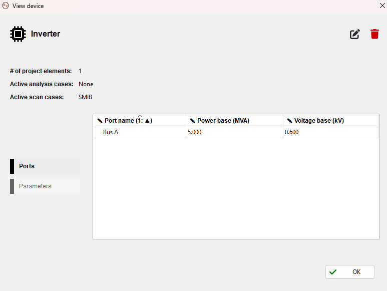 Device dialog in Rezonance showing port structure, naming, and parameter details.